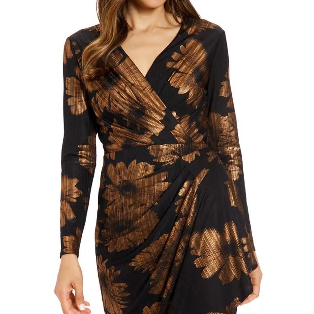 NEW LONDON TIMES Roxi Wrap-side Floral Dress Black/Copper Size 14P
